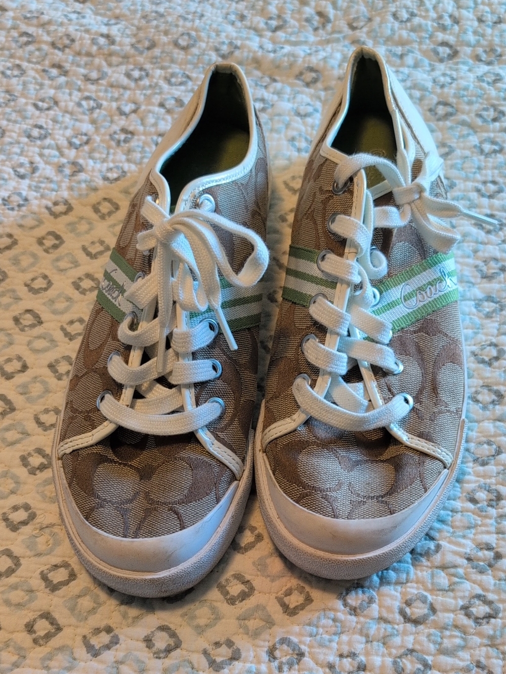 Coach Tan Signature Canvas Sneakers with Green Stripe